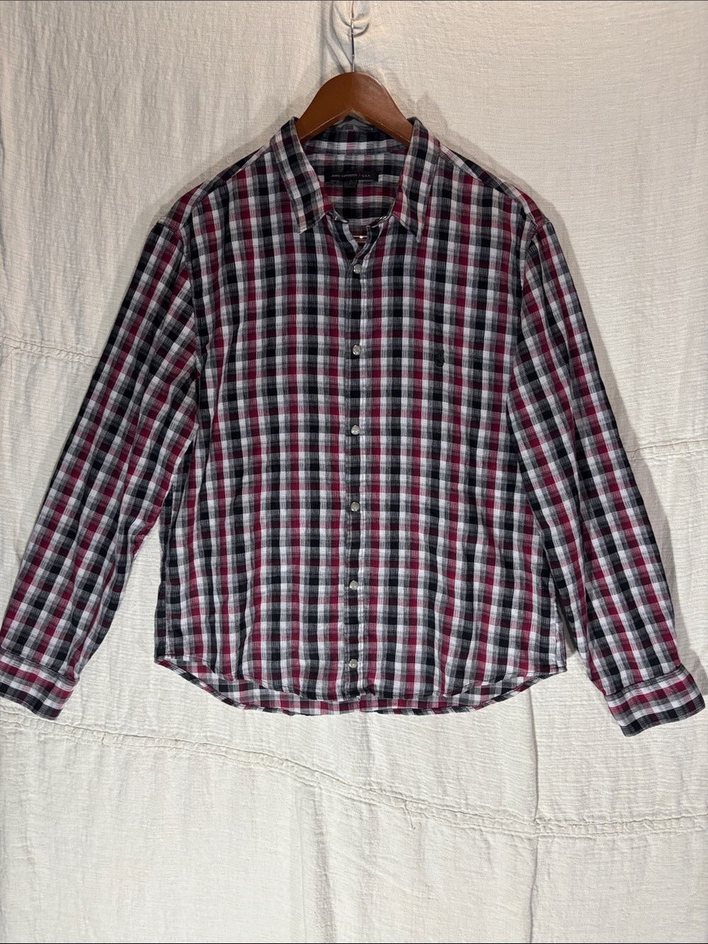 John Varvatos USA Red Black Plaid Pearl Snap Western Shirt Mens L Cotton